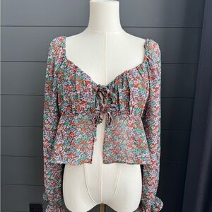 Papaya Multicolor Floral Tie Front Flowy Blouse Boho
